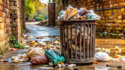 A dirty, rusty metal trash can with a torn and overflowing plastic bag, surrounded by litter and debris, symbolizing urban neglect and environmental neglect.