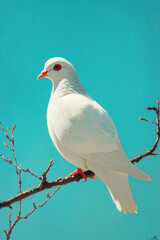 White Dove,  A beautiful white dove with vivid red eyes perched against a bright turquoise backdrop, representing grace and the essence of peace