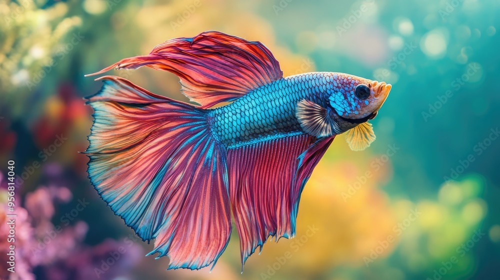 Poster close-up of a betta fish with a mesmerizing array of colors and delicate fins, swimming elegantly th