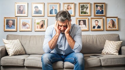 Obraz premium A distressed father sits alone on a couch, surrounded by family photos, with his head in his hands, conveying a sense of sorrow and despair.