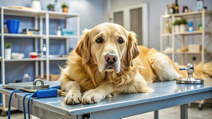 A distressed golden retriever lies on a veterinary clinic examination table, surrounded by medical equipment and supplies, amidst a chaotic emergency room atmosphere.