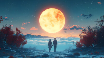 Obraz premium 3D Elderly Couple Enjoying Moonlit Walk During Mid Autumn concept as A candid shot of an elderly couple enjoying a peaceful moonlit walk during the Mid Autumn Festival holding hands under the full moo