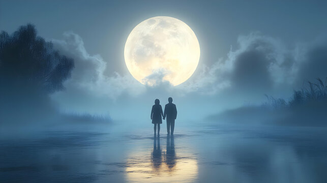 3D Elderly Couple Enjoying Moonlit Walk During Mid Autumn concept as A candid shot of an elderly couple enjoying a peaceful moonlit walk during the Mid Autumn Festival holding hands under the full moo