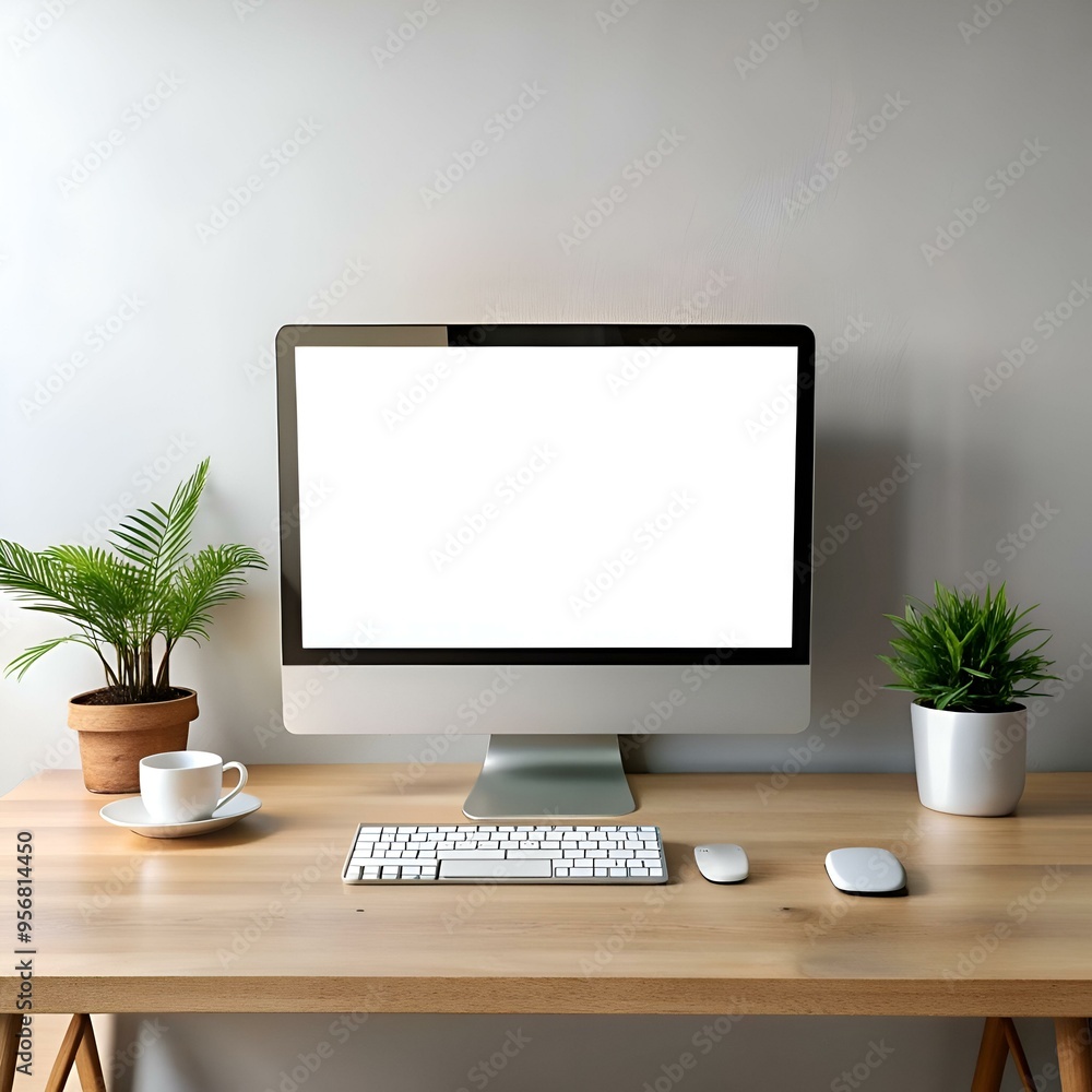 Poster clean and modern workspace with a blank desktop monitor. keyboard. and mouse.