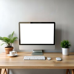 Clean and modern workspace with a blank desktop monitor. keyboard. and mouse.