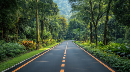 Bicycle Path,  A bright bicycle path featuring clear bike lane markings, surrounded by lush greenery and tall trees, perfect for cycling enthusiasts