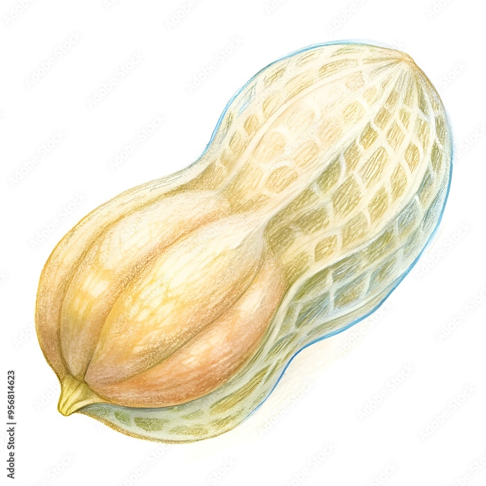 Poster a detailed pencil drawing of a peanut in its shell. showcasing the textured surface and subtle color