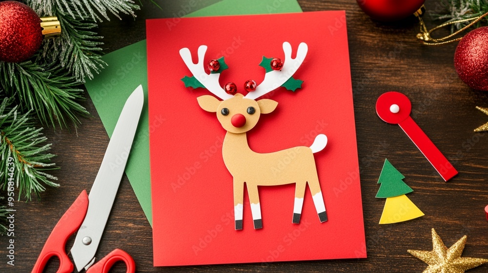 Wall mural Festive DIY Christmas card with cute paper reindeer decoration, surrounded by craft supplies and holiday ornaments on rustic wooden background.