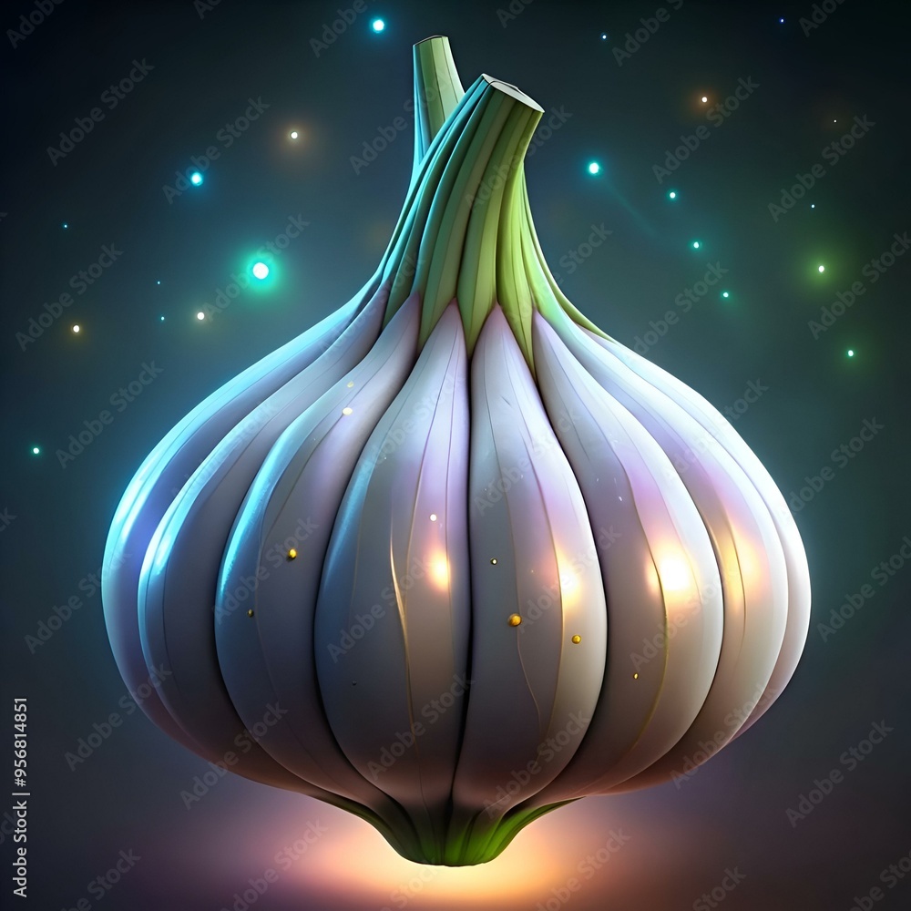 Poster a surreal. 3d illustration of a garlic bulb with a glowing. iridescent effect. perfect for adding a 