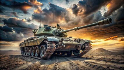 A dramatic, high-angle perspective captures the rugged, battle-worn forefront of a military tank, conveying a sense of intensity and strategic positioning on the battlefield.