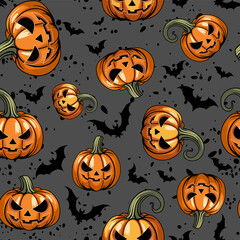 seamless Halloween background, vector illustration of a repeating pattern with lots of grinning pumpkins and bats on a dark backdrop, backdrop of chaotic jack lanterns