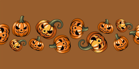 seamless Halloween border, strip,  vector illustration of a repeating pattern with lots of grinning pumpkins on a brown backdrop, background of chaotic jack lanterns