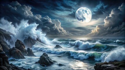 Naklejka premium A dramatic, moonlit illustration of a turbulent sea, with towering waves and foam crashing against a rocky coastline, amidst a dark and foreboding stormy sky.