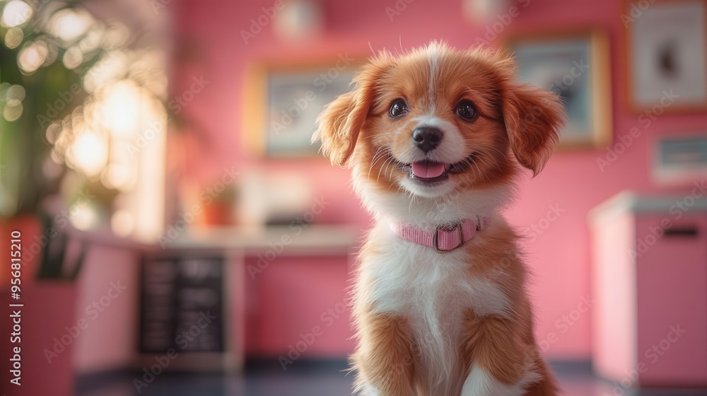 Wall mural whimsical veterinarian examining playful puppy vibrant clinic interior soft pastel colors gentle nat