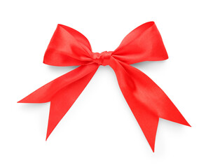 One red satin bow isolated on white, top view