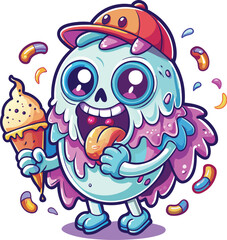 Obraz premium Cute Cartoon Ghost Eating Ice isolated | with a Sunglass & Christmas hat and siting on Easter egg etc