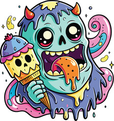 Cute Cartoon Ghost Eating Ice isolated | with a Sunglass & Christmas hat and siting on Easter egg etc