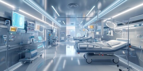 Conceptual visualization of a modern ICU room equipped with advanced medical technology