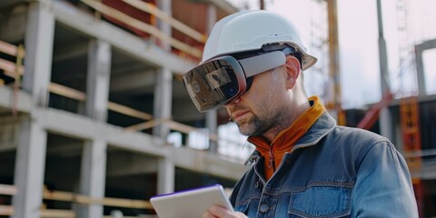 An architect using augmented reality glasses to visualize building plans and designs on a digital tablet at a construction site