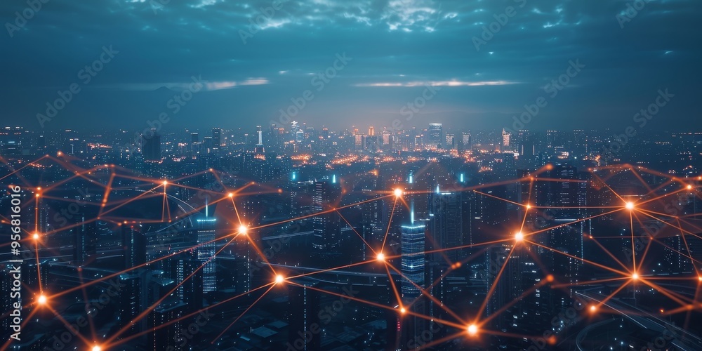 Poster a cityscape overlaid with glowing network connections, symbolizing the integration of data and urban