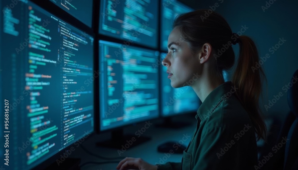 Aufkleber focused woman coding on multiple screens in a dimly lit workspace during late-night hours