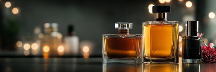 An elegant display of various luxury perfume bottles with blurred bokeh lights in the background, chic and stylish.