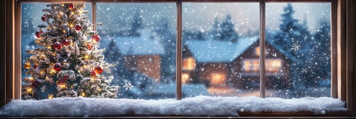 Cozy winter scene through a frosty window: decorated Christmas tree inside, snowy landscape and warm glowing houses outside, creating a magical holiday atmosphere.