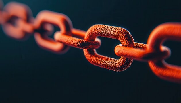 Close-up of a vibrant orange chain link against a dark background, emphasizing strength and connection.