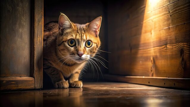 A frightened feline cowers in a corner, eyes wide with fear, tail twitching nervously, as it confronts an unseen threat in a dimly lit room.