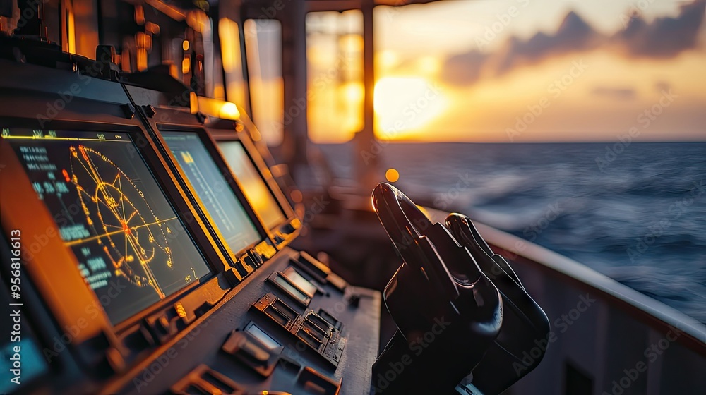 Poster close-up of a cargo ship bridge and navigation equipment, highlighting the ship operational details 