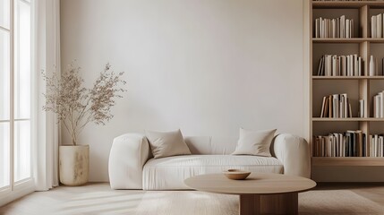 Fototapeta premium Minimalist and stylish living room interior design with a neutral color palette a simple bookshelf and a clean uncluttered coffee table providing ample space for various content