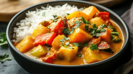Fototapeta premium Close-up of a bowl of Indian vegetable korma with a variety of colorful vegetables and a creamy, spiced sauce, served with a side of rice.
