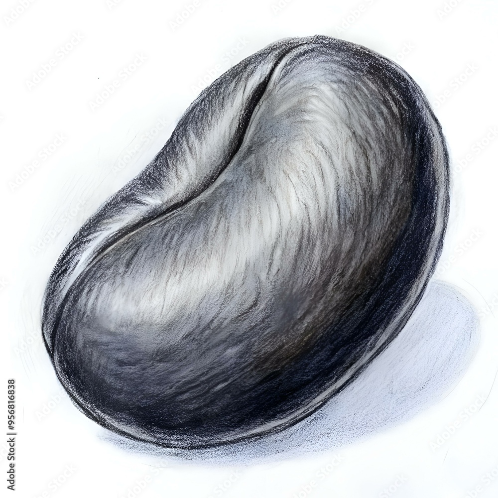 Poster a detailed pencil drawing of a single black bean. capturing its smooth. rounded shape and subtle tex