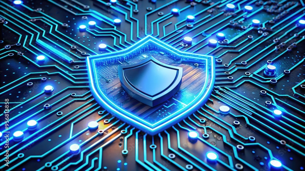 Poster a futuristic circuit board with glowing blue wires and microchips is protected by a digital shield, 