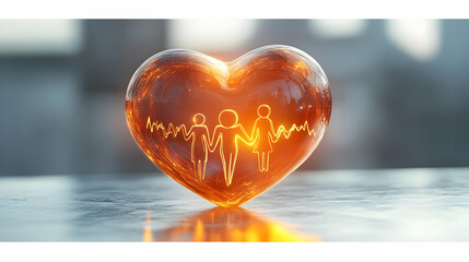 Fototapeta premium 3D Glossy Abstract Family Heart with Glowing Pulse concept as A minimalist digital art banner showcasing an abstract heart symbol with a glowing pulse line representing the vitality of love within an 