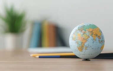 A close-up view of a colorful globe placed on a desk, symbolizing education, exploration, and geography.