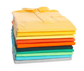 Stack of clean colorful t-shirts isolated on white