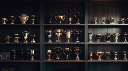 A collection of trophies on shelves in a dark wood cabinet.