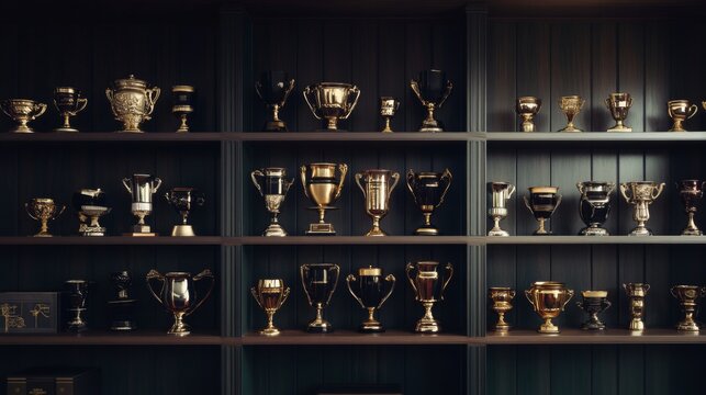 A collection of trophies on shelves in a dark wood cabinet.