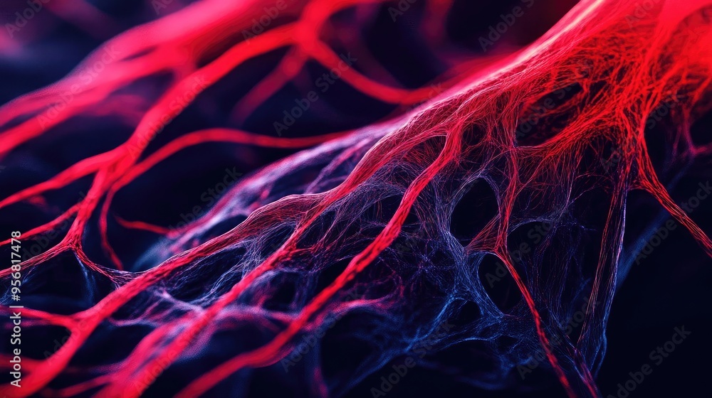 Poster abstract close-up of vivid red and blue vascular structures, illustrating intricate network and orga