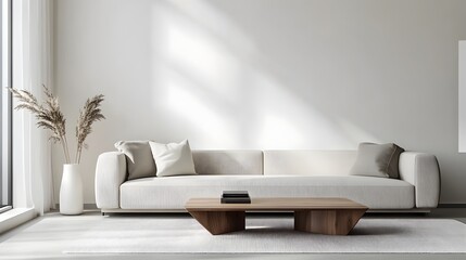 A serene and modern living room featuring a light colored sofa a geometric coffee table and minimalist decor creating a calming and comfortable space for relaxation