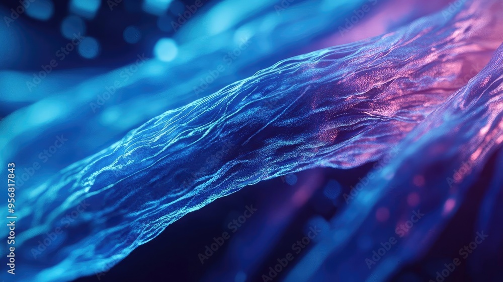Poster abstract close-up image featuring vibrant fibers in blue and purple tones, creating a dynamic and fl