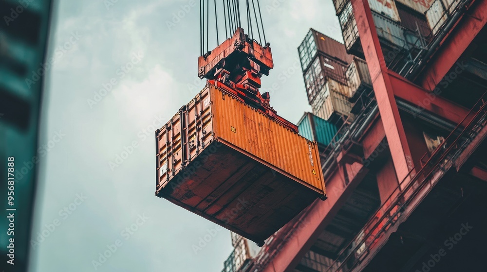 Poster close-up of a crane at a sea port lifting containers from a ship. emphasizes the precision and scale