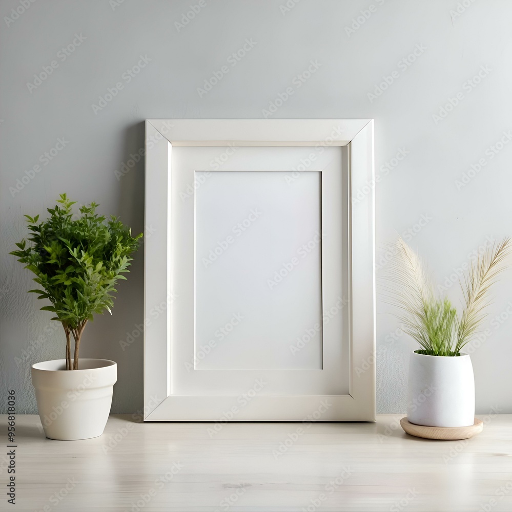 Poster clean and minimalist mockup featuring a white frame on a wooden table with simple greenery.