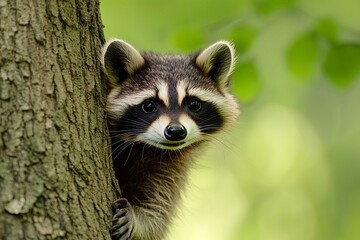 Fototapeta premium A raccoon peeking from behind a tree, showcasing its curious expression in a natural setting.