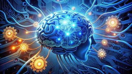 A futuristic robotic brain surrounded by gears, circuits, and glowing blue wires, symbolizing artificial intelligence, logical reasoning, and analytical problem-solving abilities.