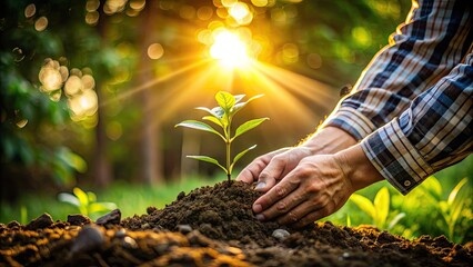 Fototapeta premium A gentle gardener tenderly places a small sapling in the earth, surrounded by lush greenery, as warm sunlight filters through the serene natural setting.