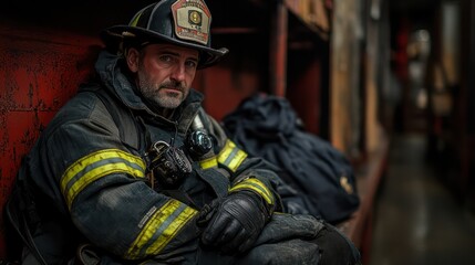 Fototapeta premium A firefighter takes a moment to rest after a long shift, their uniform showing signs of hard work and dedication