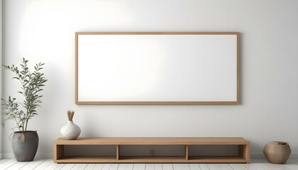 A minimalist living room with a wooden TV stand and a large empty white frame on the wall.