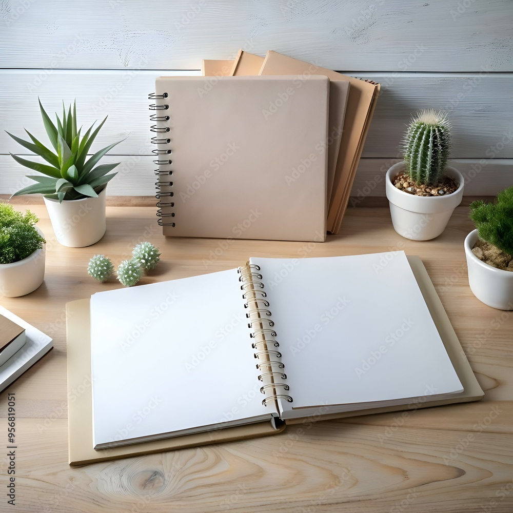Poster a clean and minimalist desk workspace with an open blank notebook. perfect for showcasing your ideas